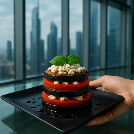 timbal de berenjena, tomate y queso feta