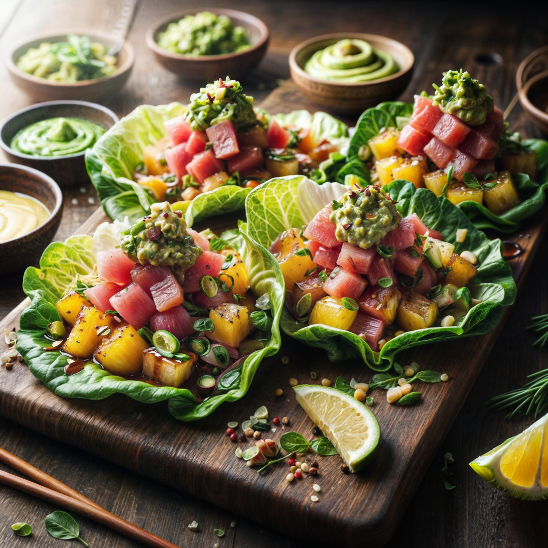 Tacos de Lechuga con Tartare de Atún, Piña Caramelizada y Mayonesa de Wasabi