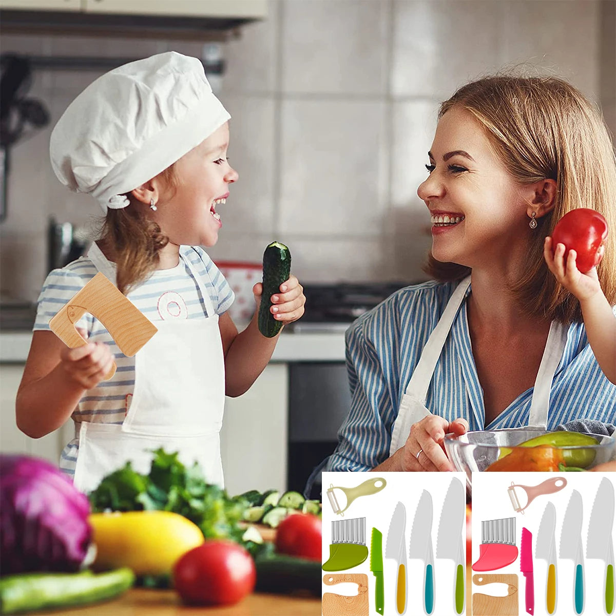 madre e hija utilizando utensilios de silicona especial para niños