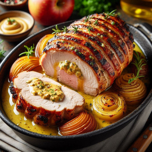 Lomo de Cerdo Relleno al Horno con Salsa de Manzana y Mostaza Dijon