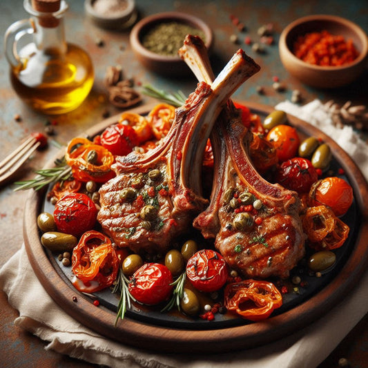 Chuletas de Cordero Mediterráneas con Salsa de Tomate Seco y Alcaparras