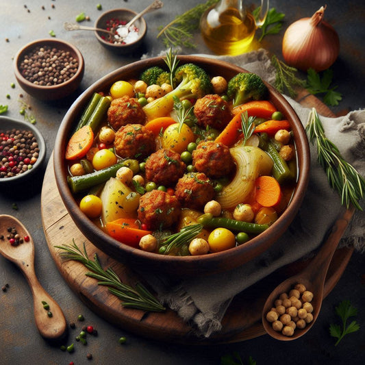 Guiso de Verduras de Temporada con Albóndigas de Garbanzos y Hierbas Aromáticas