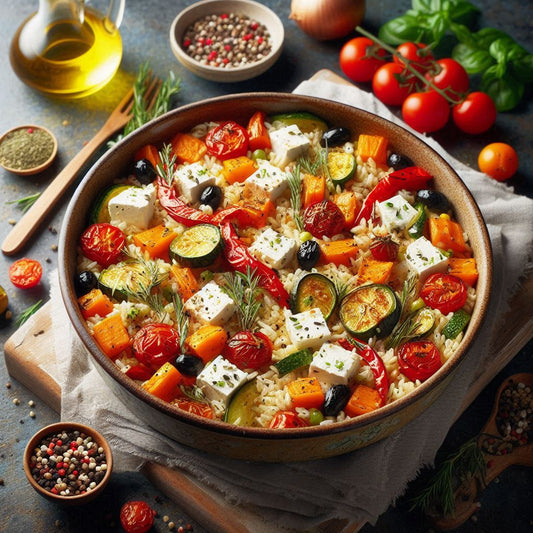 Arroz al Horno con Verduras Asadas y Queso Feta Marinado en Hierbas