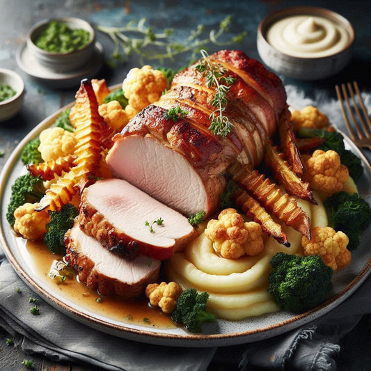 Lomo de Cerdo Asado con Puré de Coliflor y Chips de Kale