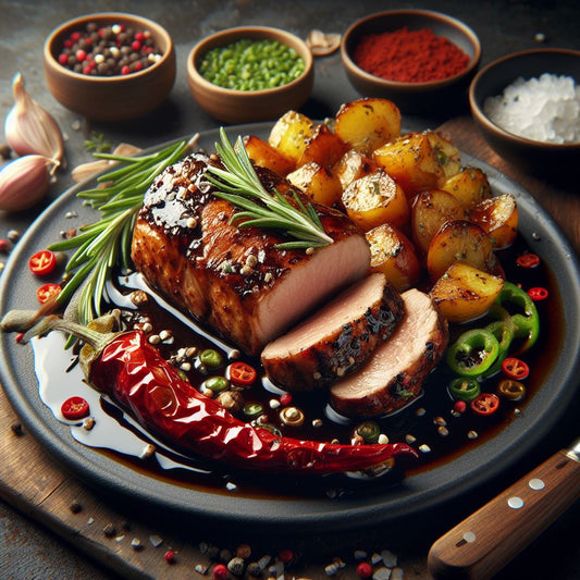 Solomillo de Cerdo en Salsa de Chocolate y Guindilla con Patatas al Romero