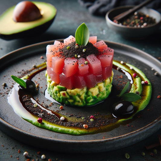 Tartar de Atún con Emulsión de Aguacate y Polvo de Aceitunas Negras