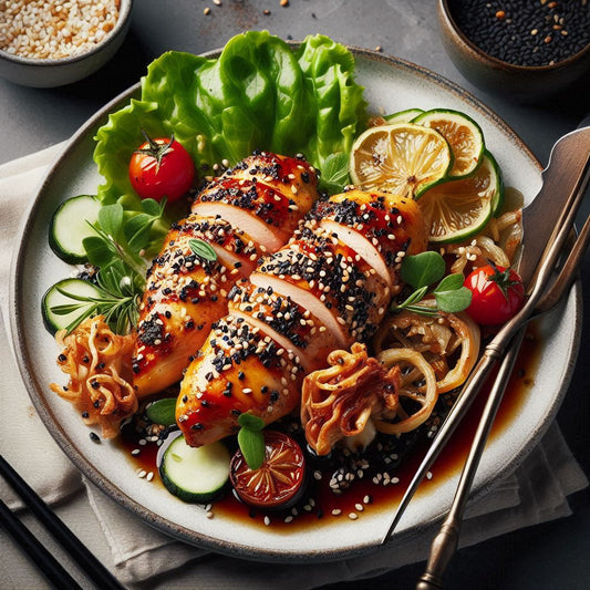 Pollo con Teriyaki Ahumado y Crujiente de Sésamo Negro