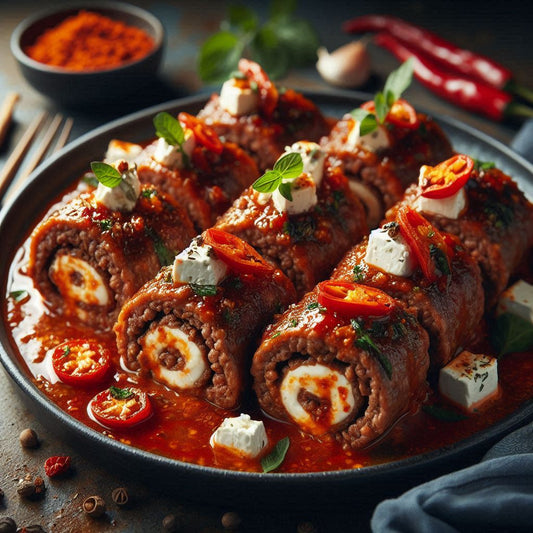 Rollitos de Carne Picada Rellenos de Queso de Cabra y Guindilla en Salsa de Tomate Ahumada