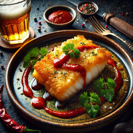 Bacalao Rebozado en Cerveza con Salsa de Pimientos Rojos Asados