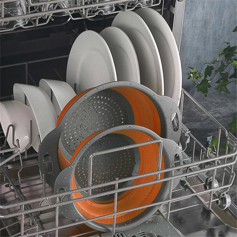 Colador redondo de silicona para lavar frutas y verduras, escurridor plegable 24 cm diam.